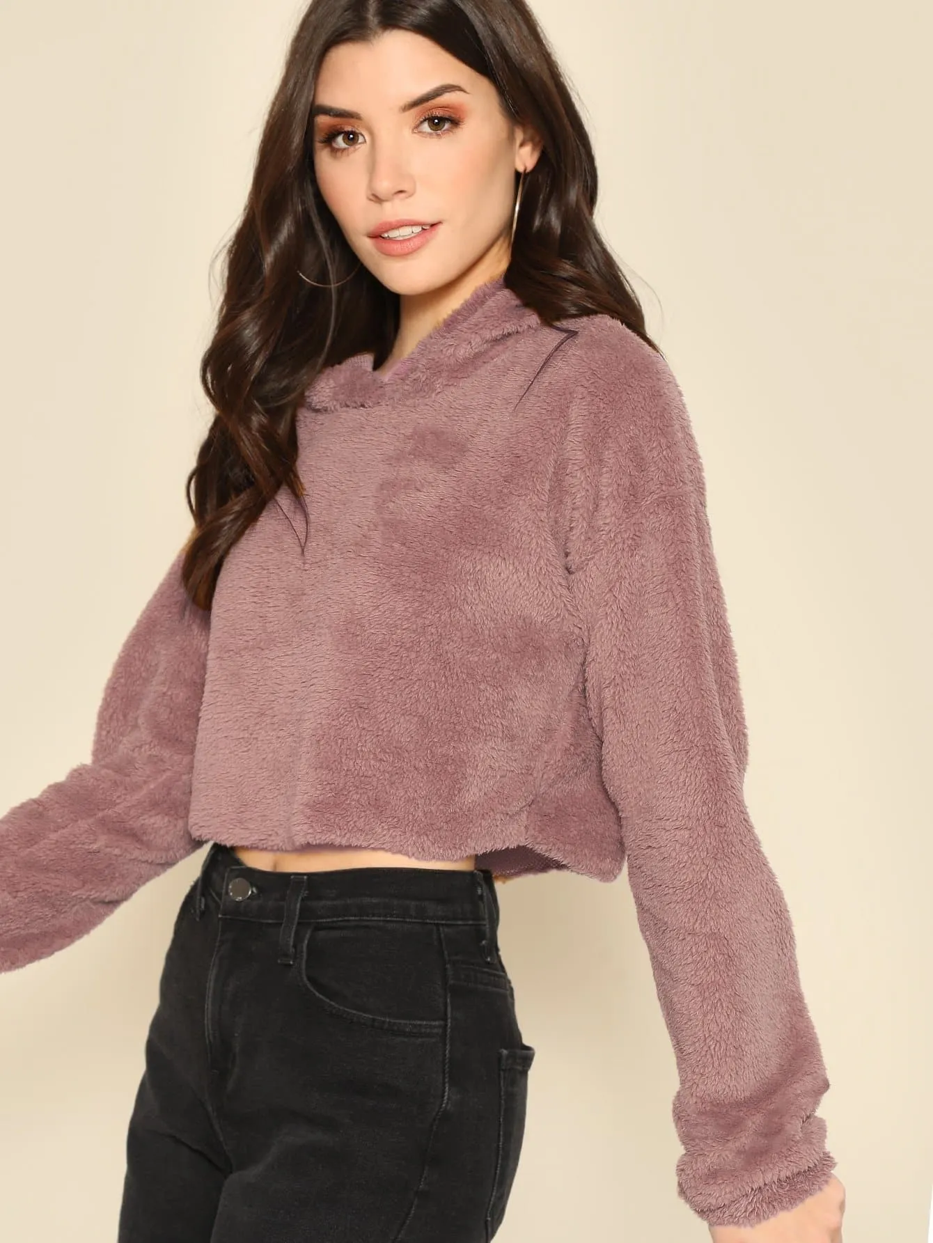 Oversized Drop Shoulder Crop Teddy Hoodie Pullover