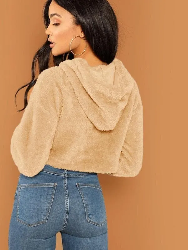 Oversized Drop Shoulder Crop Teddy Hoodie Pullover