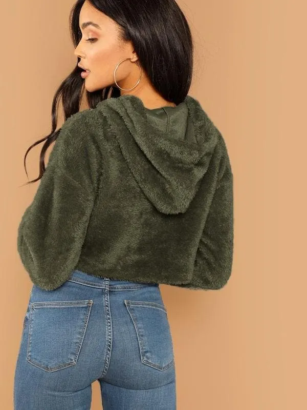 Oversized Drop Shoulder Crop Teddy Hoodie Pullover