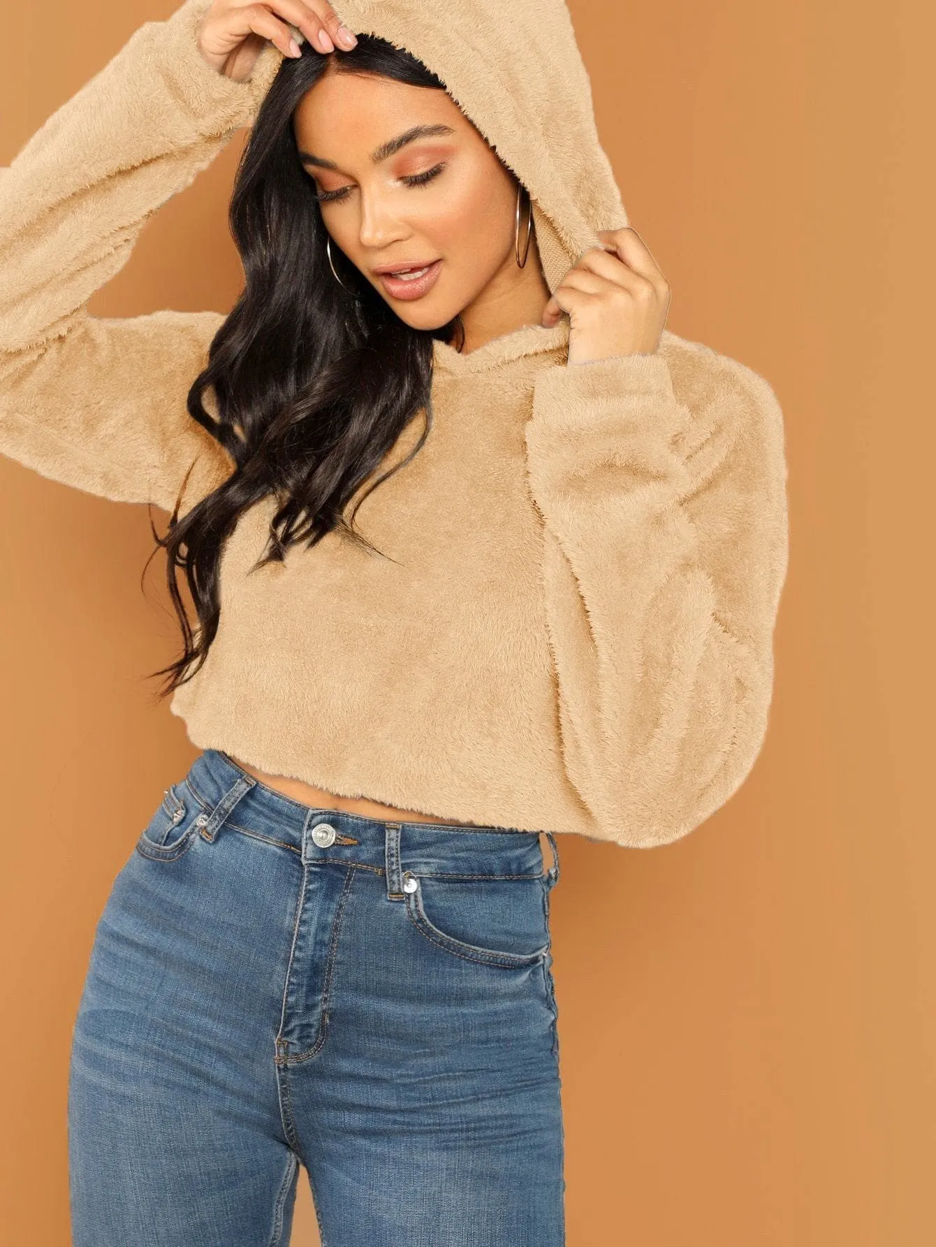 Oversized Drop Shoulder Crop Teddy Hoodie Pullover