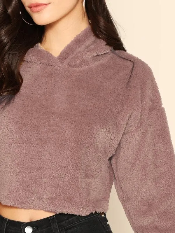 Oversized Drop Shoulder Crop Teddy Hoodie Pullover