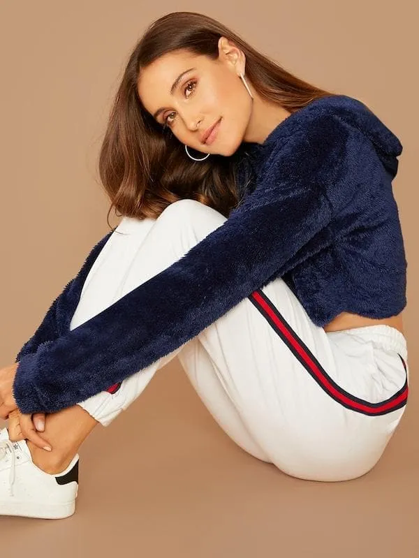 Oversized Drop Shoulder Crop Teddy Hoodie Pullover