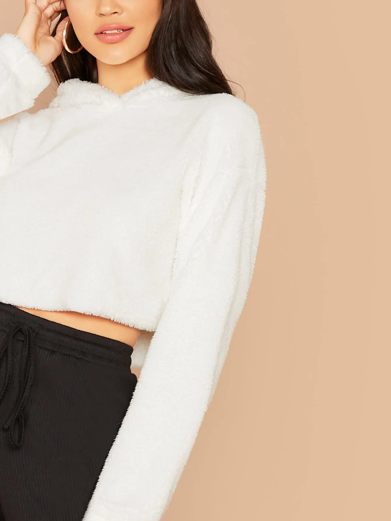 Oversized Drop Shoulder Crop Teddy Hoodie Pullover