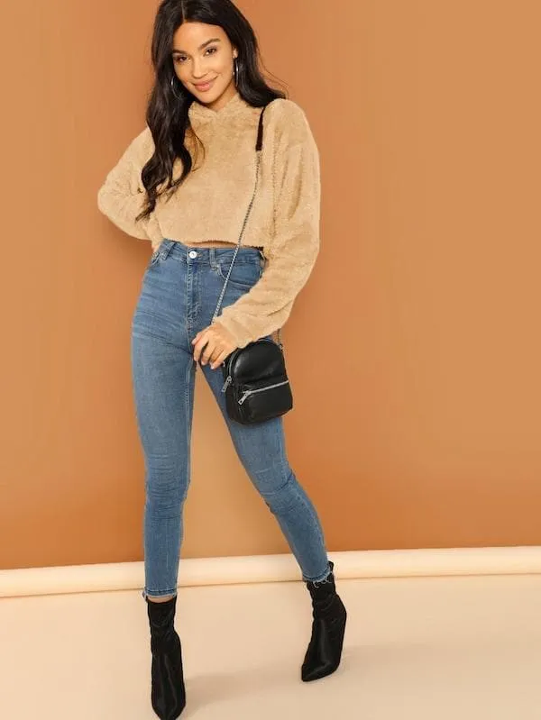 Oversized Drop Shoulder Crop Teddy Hoodie Pullover