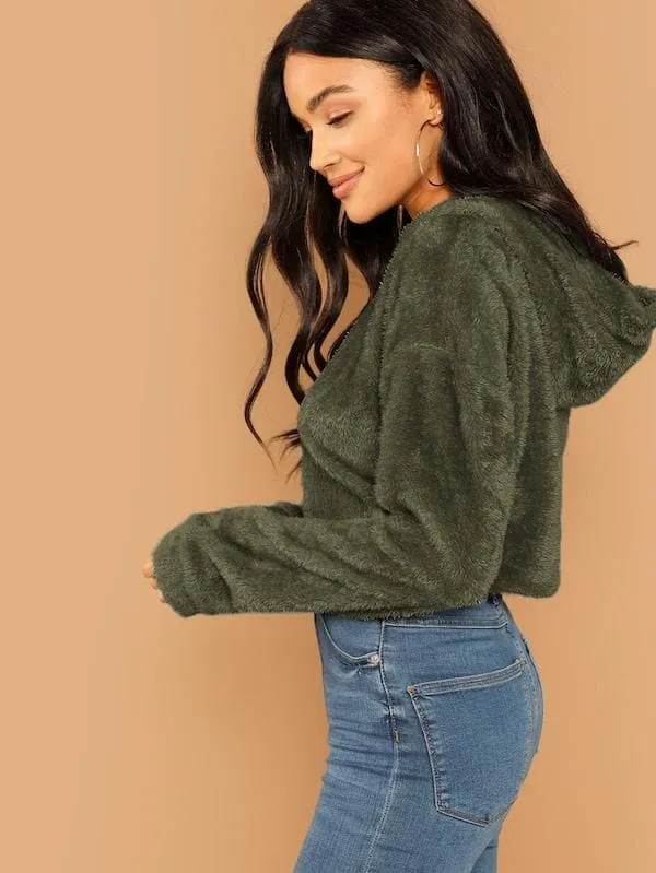 Oversized Drop Shoulder Crop Teddy Hoodie Pullover