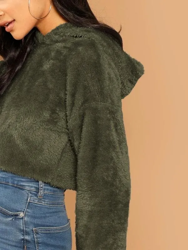 Oversized Drop Shoulder Crop Teddy Hoodie Pullover