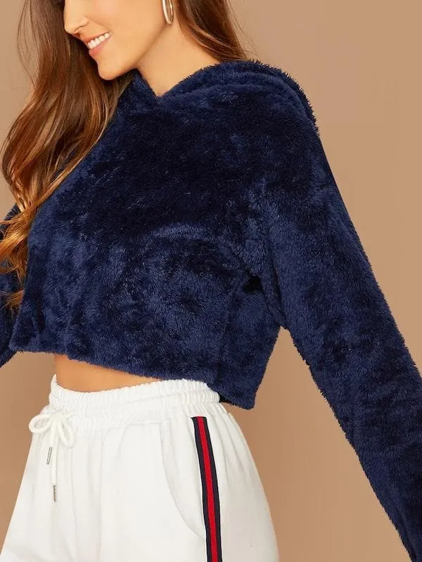 Oversized Drop Shoulder Crop Teddy Hoodie Pullover