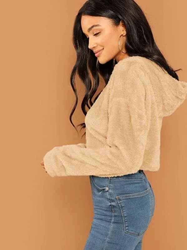 Oversized Drop Shoulder Crop Teddy Hoodie Pullover