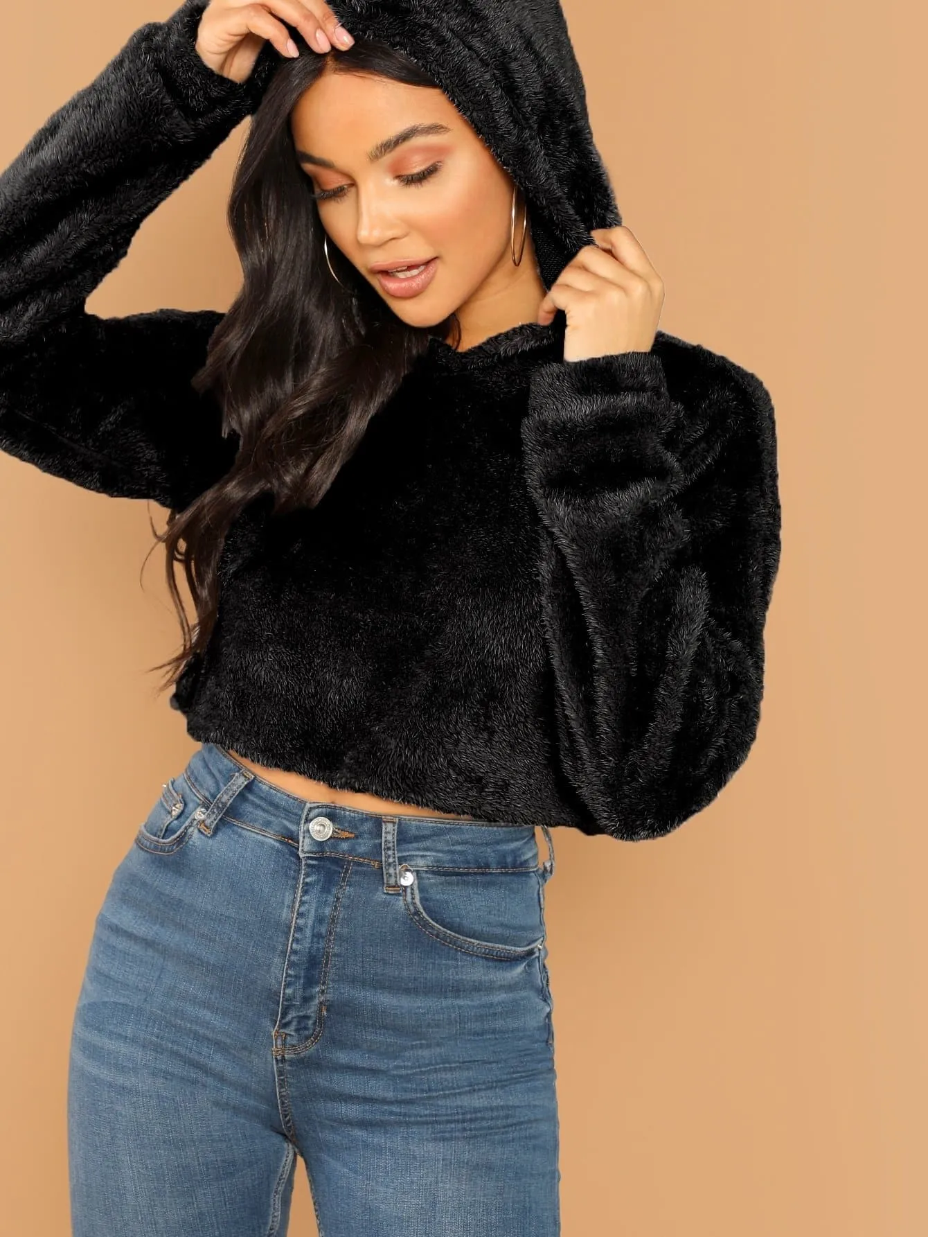 Oversized Drop Shoulder Crop Teddy Hoodie Pullover