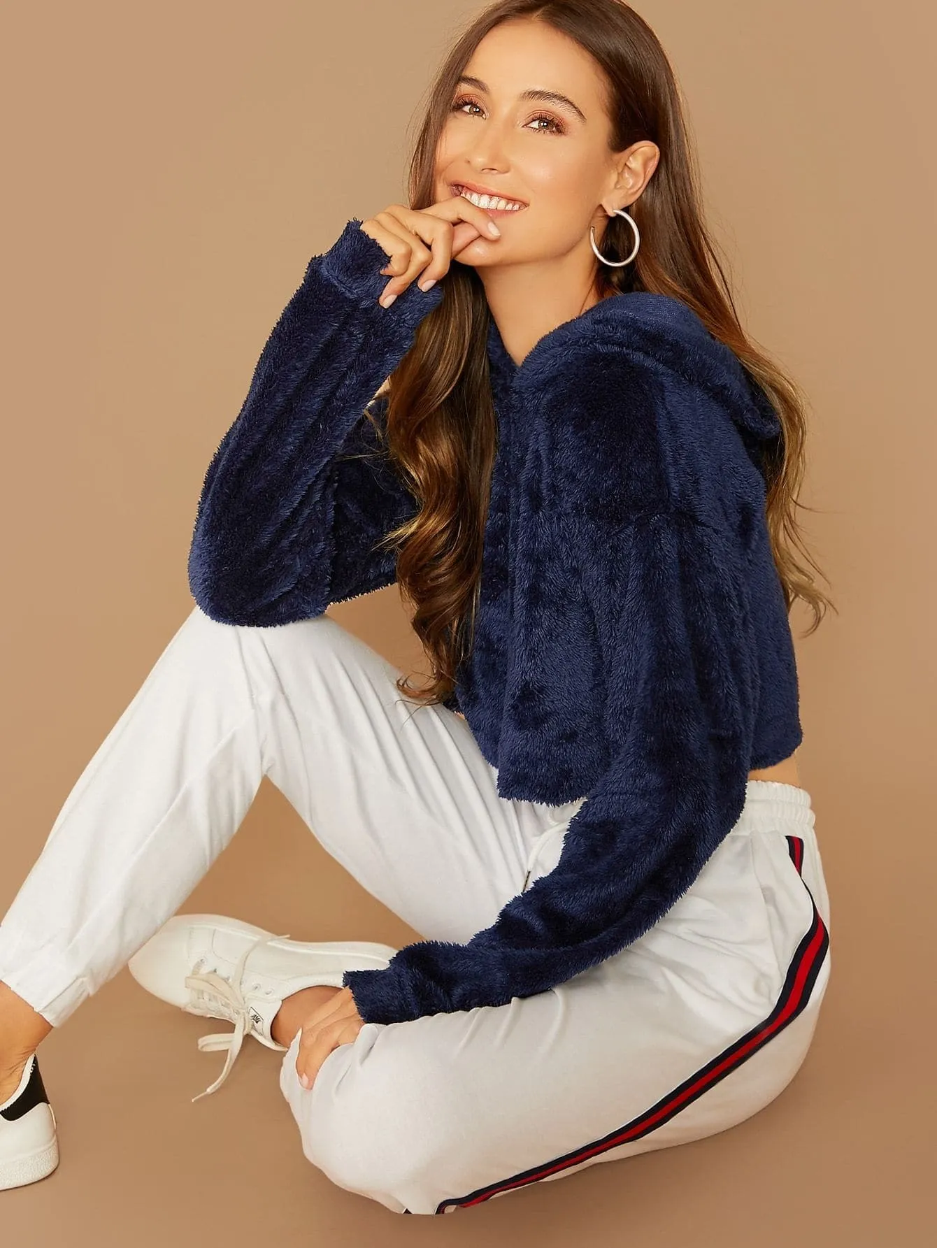 Oversized Drop Shoulder Crop Teddy Hoodie Pullover