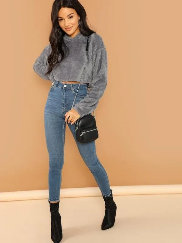 Oversized Drop Shoulder Crop Teddy Hoodie Pullover