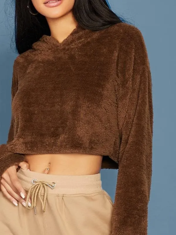 Oversized Drop Shoulder Crop Teddy Hoodie Pullover