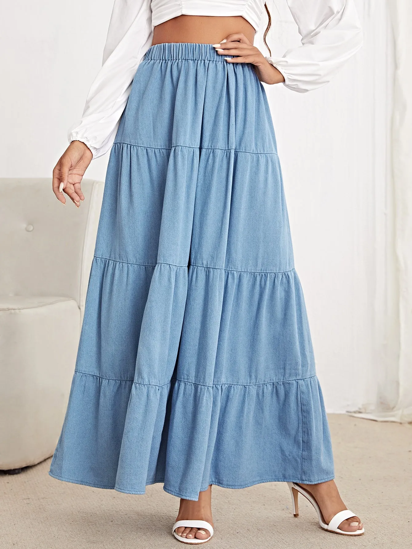 Plain Ruffle Hem High Waist Maxi Women Denim Skirt