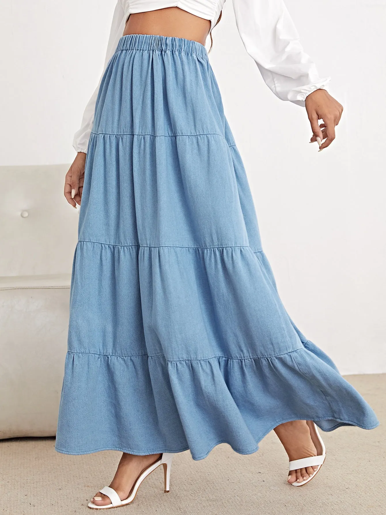 Plain Ruffle Hem High Waist Maxi Women Denim Skirt