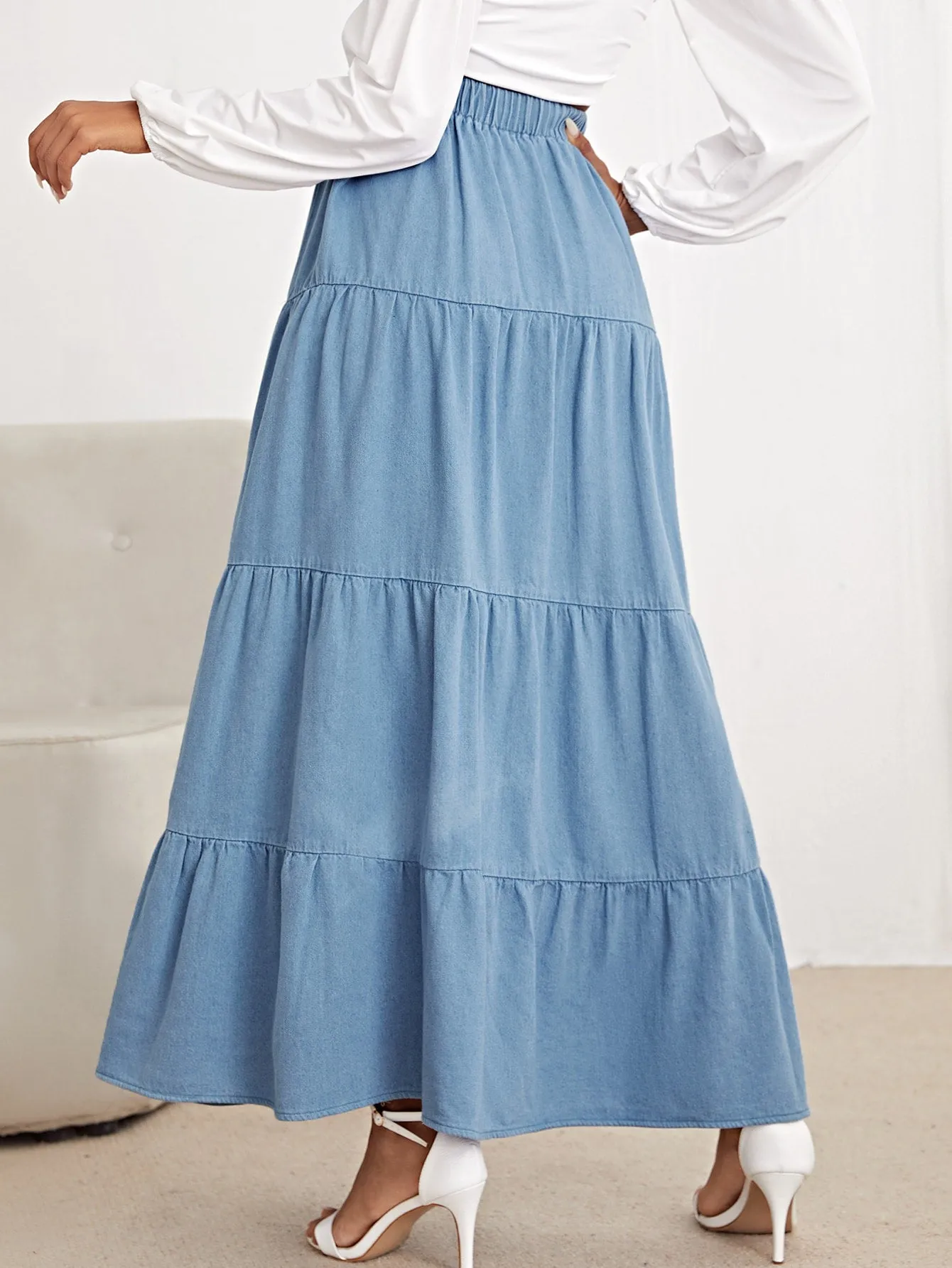 Plain Ruffle Hem High Waist Maxi Women Denim Skirt