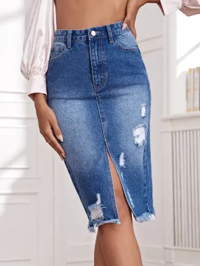 Plain Zipper High Waist Midi Women Denim Skirt