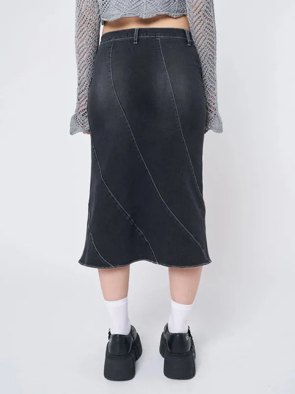 Side Zipper Bottom Flared Denim Skirt