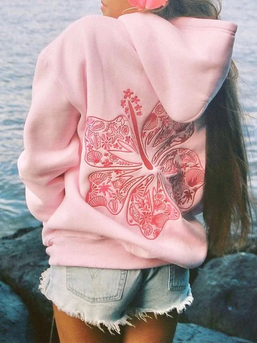 Toleet-Preppy Embroidery Hibiscus Print Hoodies for Teen Girls Women Long Sleeve Oversized Graphic Pullover Sweatshirt Top Y2K Cute