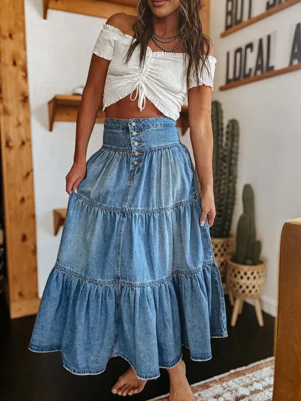 Vintage Washed Denim Tiered Midi Skirt for Modern Style