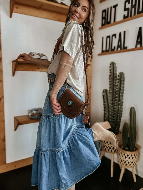 Vintage Washed Denim Tiered Midi Skirt for Modern Style