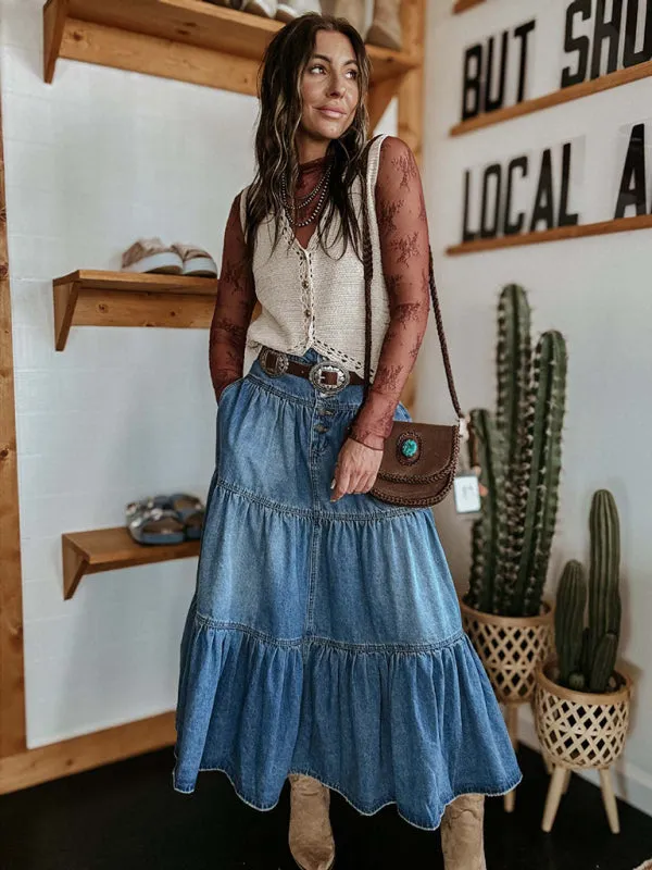 Vintage Washed Denim Tiered Midi Skirt for Modern Style