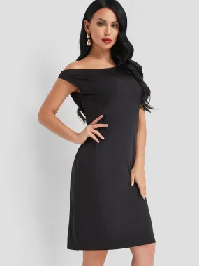 Wholesale Black One Shoulder Short Sleeve Plain Midi Dress