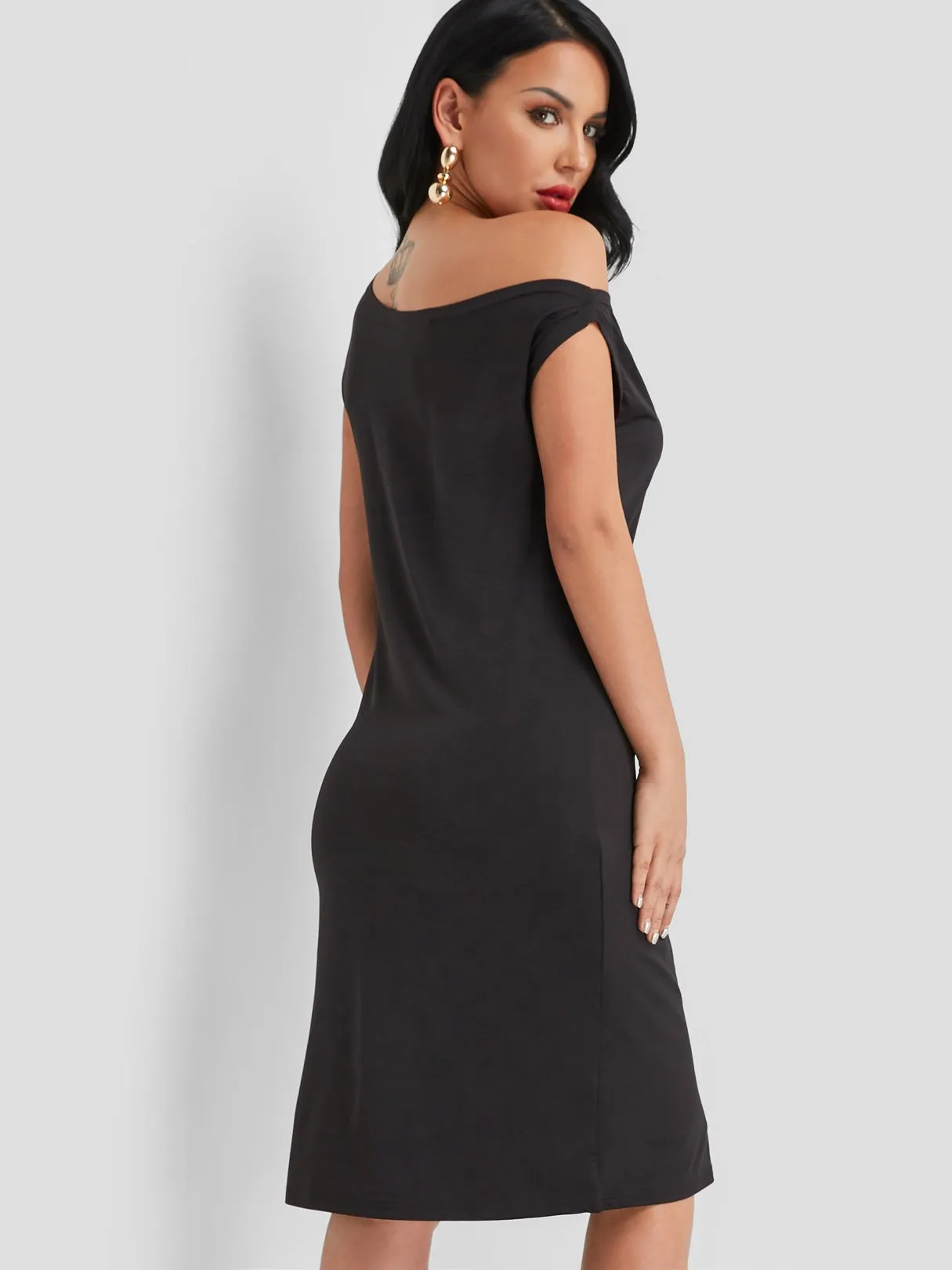 Wholesale Black One Shoulder Short Sleeve Plain Midi Dress