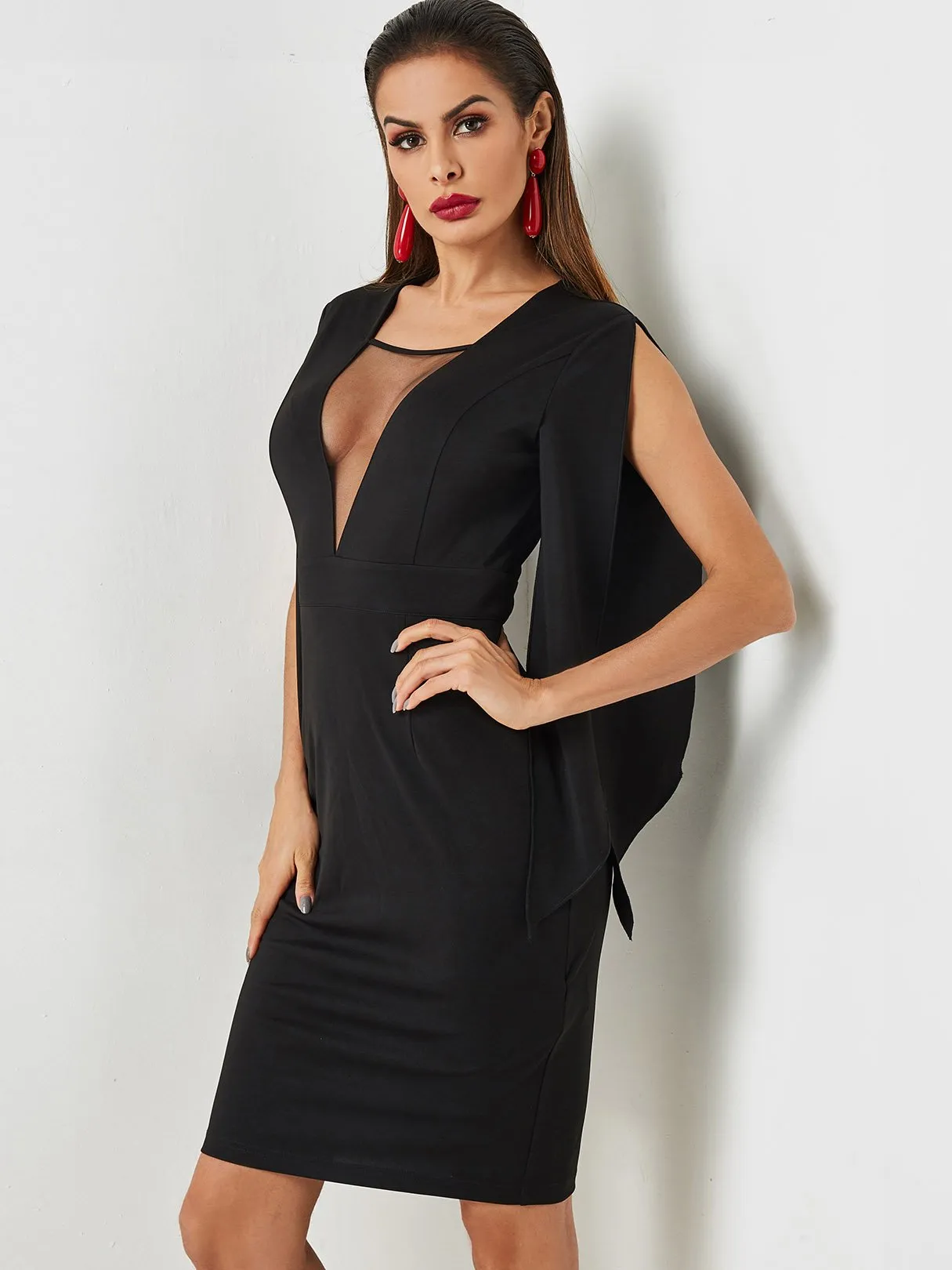 Wholesale Black V-Neck Sleeveless See Through Slit Hem Midi Dress