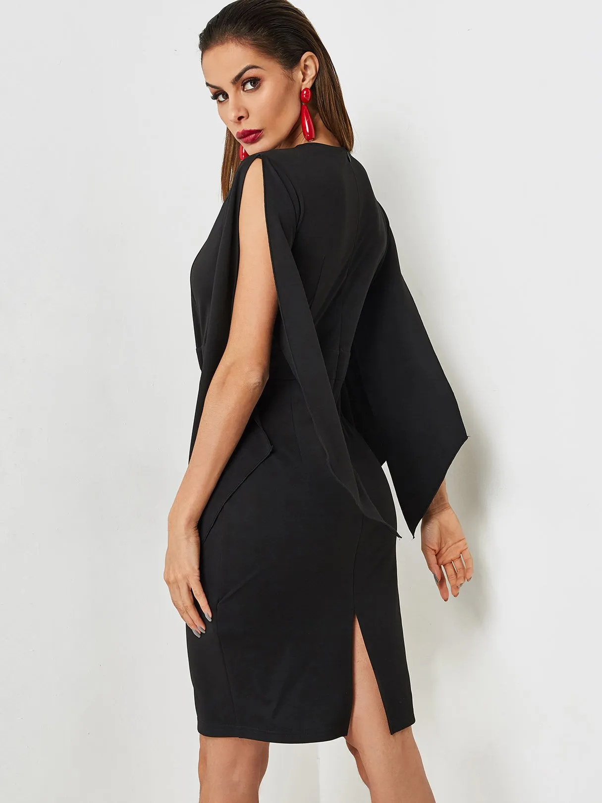 Wholesale Black V-Neck Sleeveless See Through Slit Hem Midi Dress