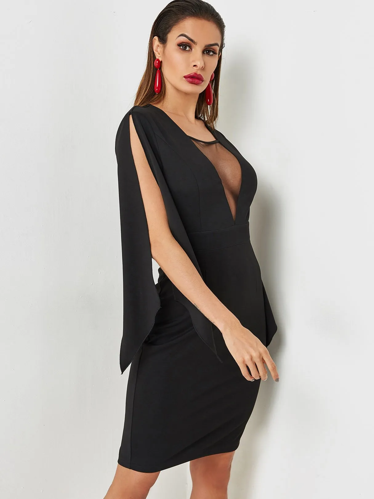 Wholesale Black V-Neck Sleeveless See Through Slit Hem Midi Dress