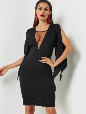 Wholesale Black V-Neck Sleeveless See Through Slit Hem Midi Dress