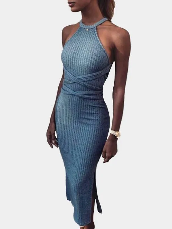 Wholesale Blue Halter Sleeveless Midi Dresses