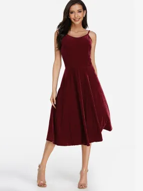 Wholesale Burgundy Sleeveless Backless Lace-Up Spaghetti Strap Midi Dress