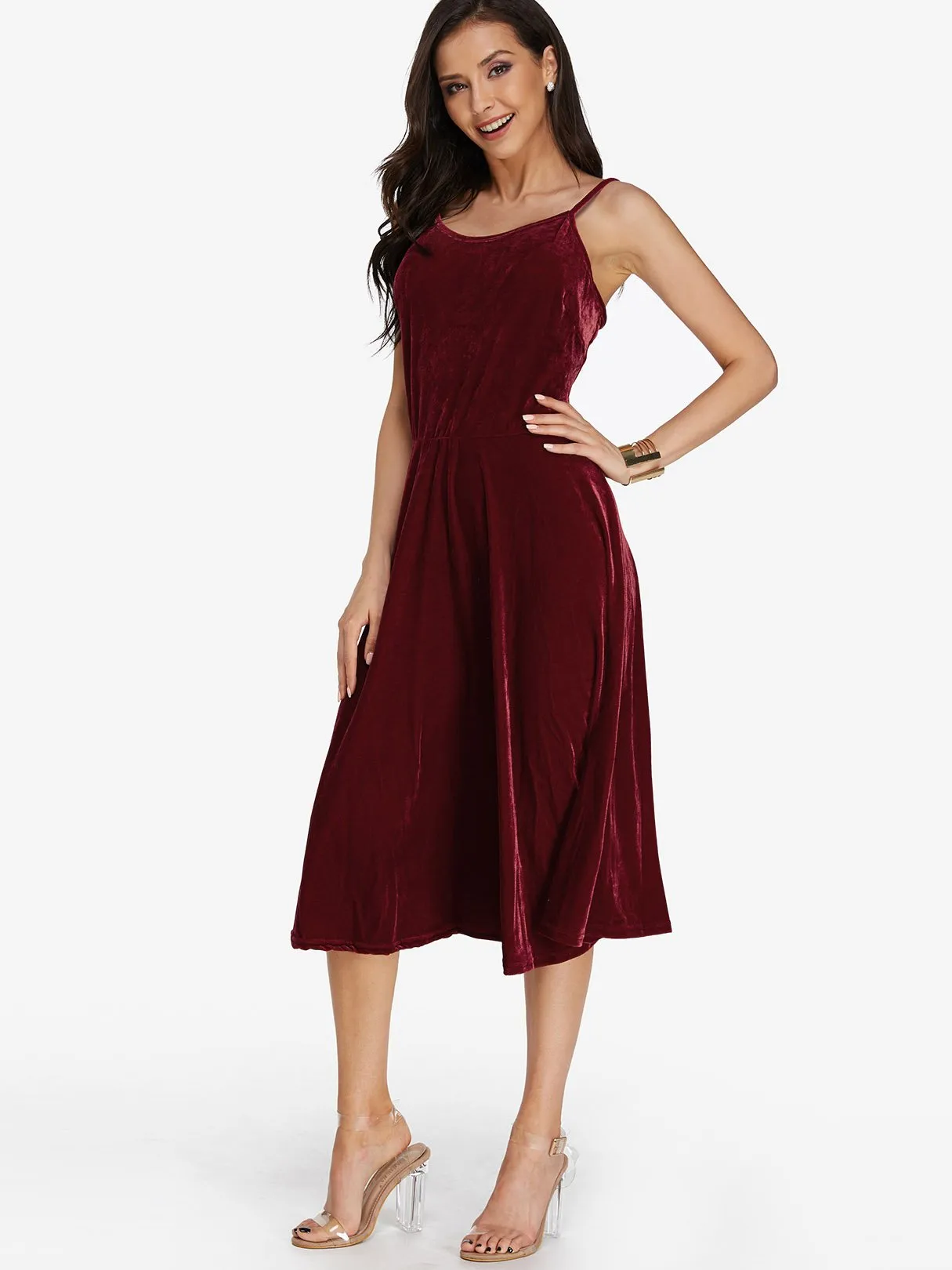 Wholesale Burgundy Sleeveless Backless Lace-Up Spaghetti Strap Midi Dress