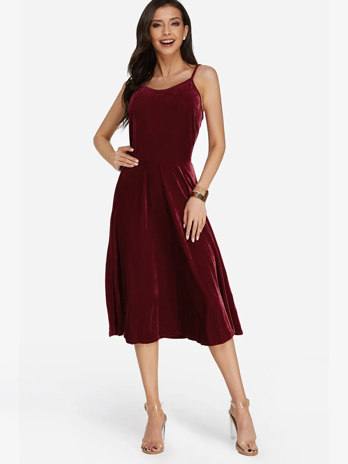 Wholesale Burgundy Sleeveless Backless Lace-Up Spaghetti Strap Midi Dress