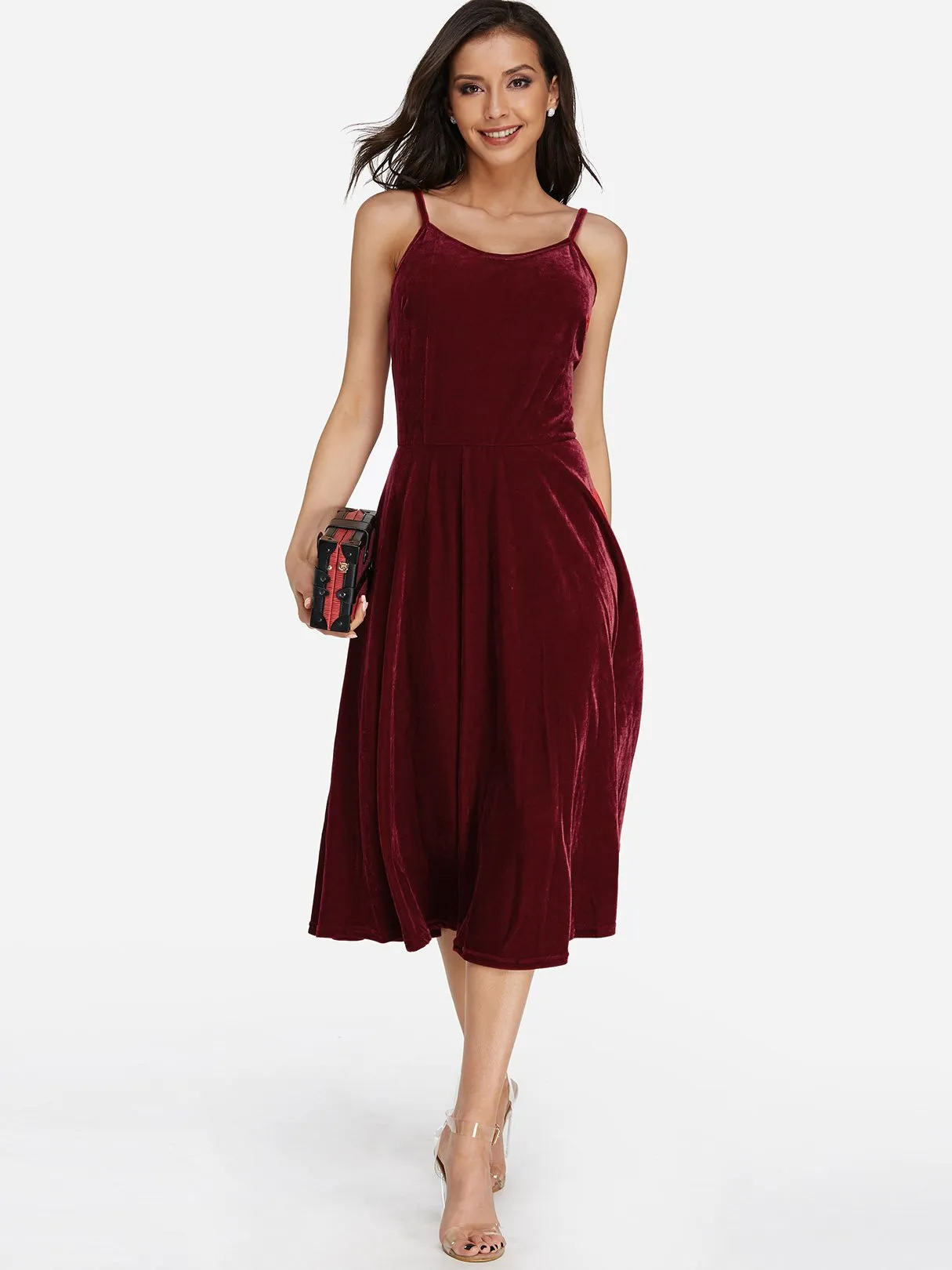 Wholesale Burgundy Sleeveless Backless Lace-Up Spaghetti Strap Midi Dress