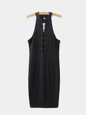 Wholesale Crew Neck Lace-Up Sleeveless Bodycon Hem Black Midi Dress