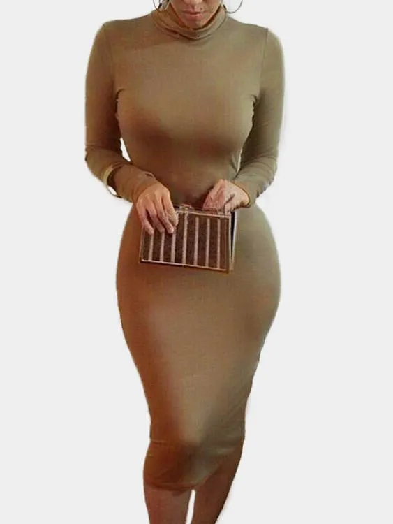 Wholesale Khaki Long Sleeve Plain High Waist Midi Dress