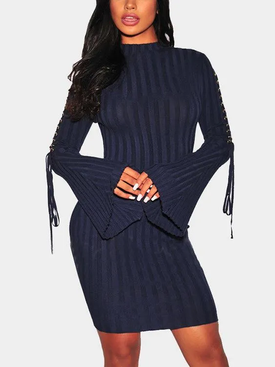 Wholesale Navy Round Neck Long Sleeve Plain Lace-Up Midi Dress