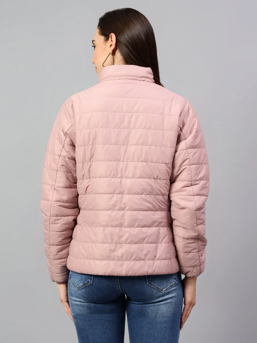 Women's Pink Solid Full Sleeves Reversible Winter Jacket