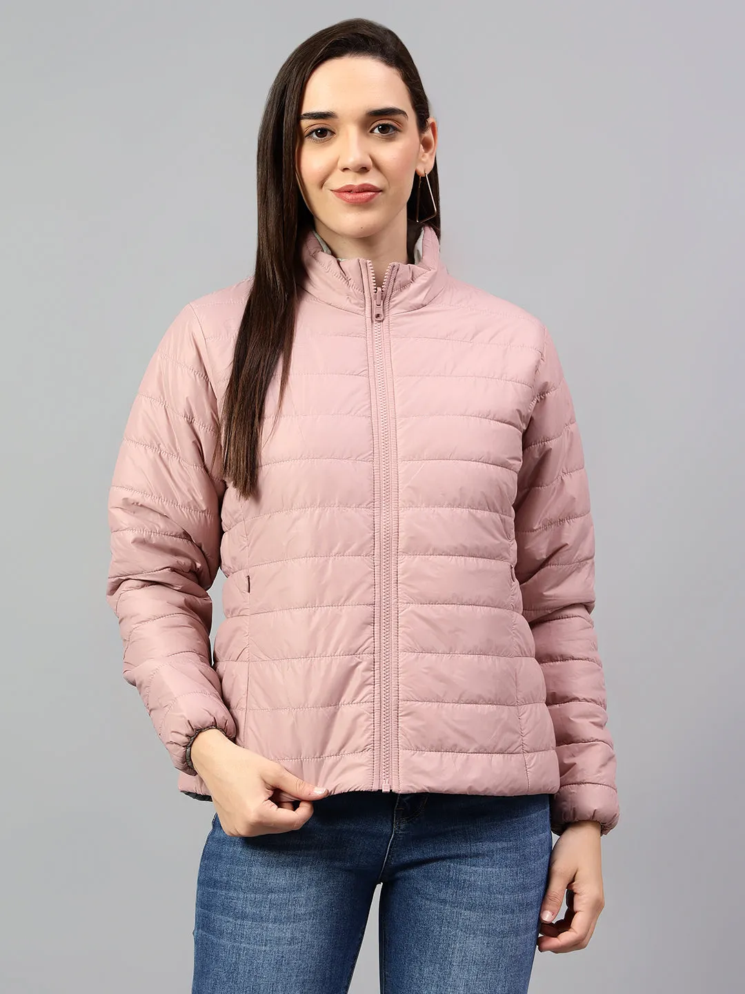 Women's Pink Solid Full Sleeves Reversible Winter Jacket