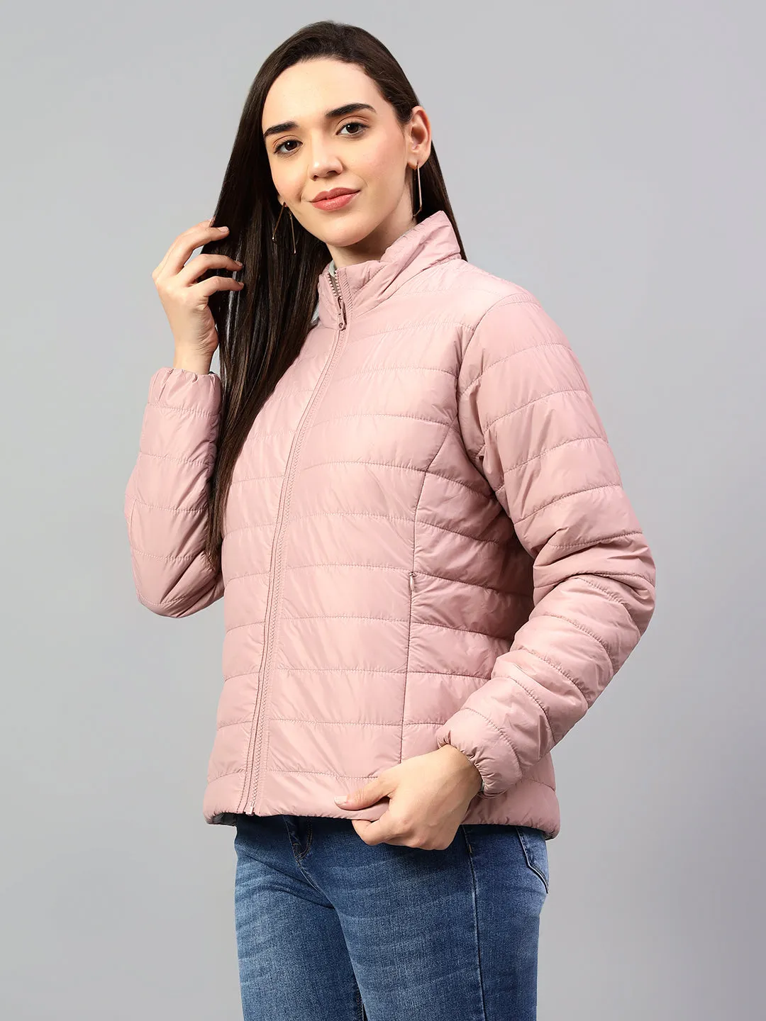 Women's Pink Solid Full Sleeves Reversible Winter Jacket